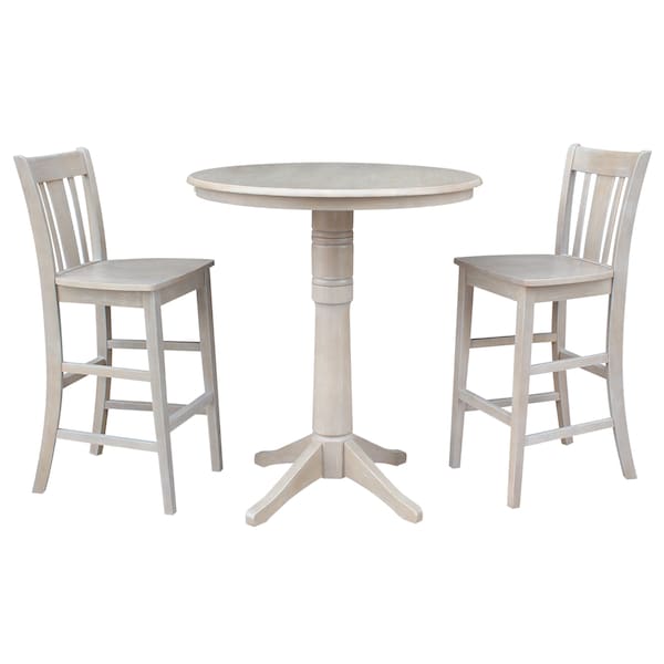 International Concepts Round 36 in Rd Pedestal Bar Ht Table, 2 San Remo Bar Ht Stools, Gray Taupe, 36 in W, 36 in L, Wood K09-36RT-27B-6B-2-S103-2 - main